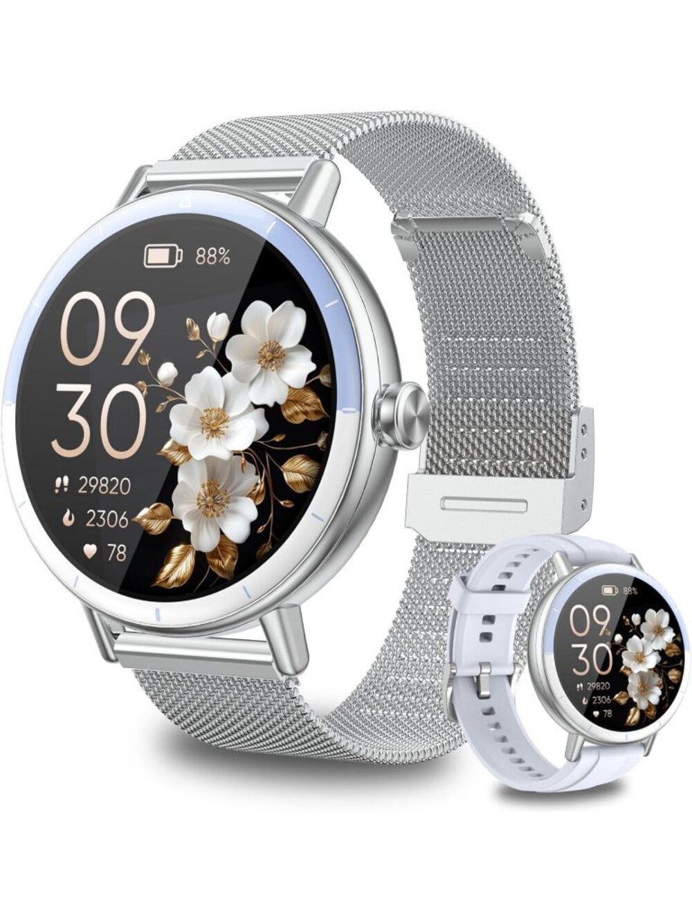 Women's Silver Analog Quartz Waterproof Fitness Tracker Heart Rate Smart Watch